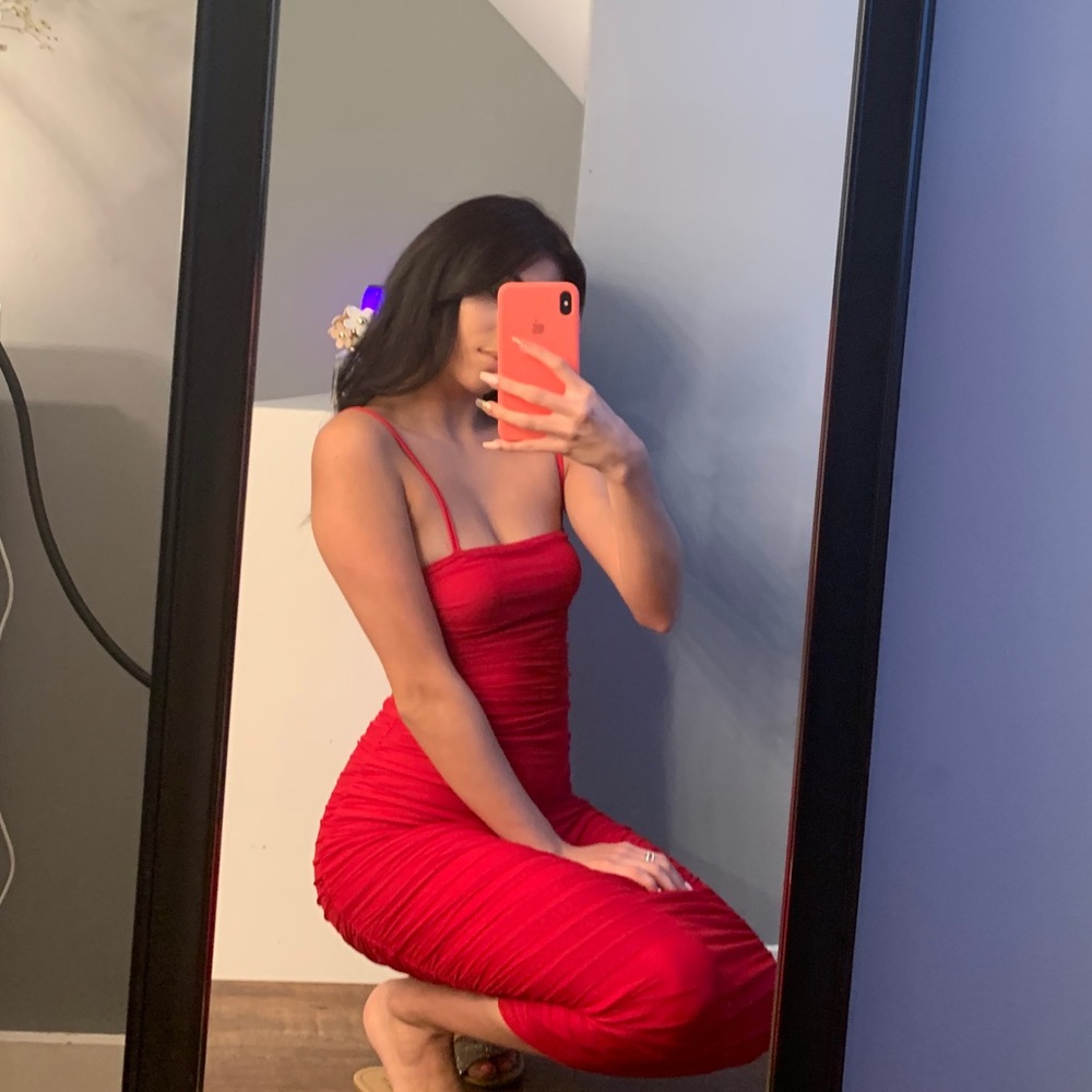 red ruched dress